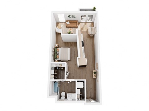A top-down view of a small apartment with a kitchen, living room, and bathroom.